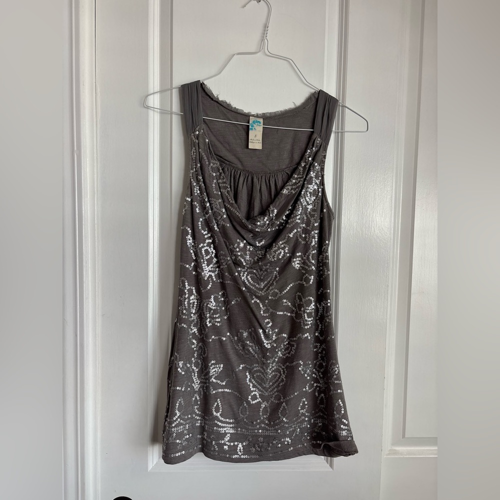 Anthropologie Sequin-Embellished Gray Tank Top Blouse